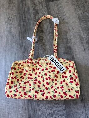 BAGGU Yellow Cherry Print Bowler Shoulder Bag NWT